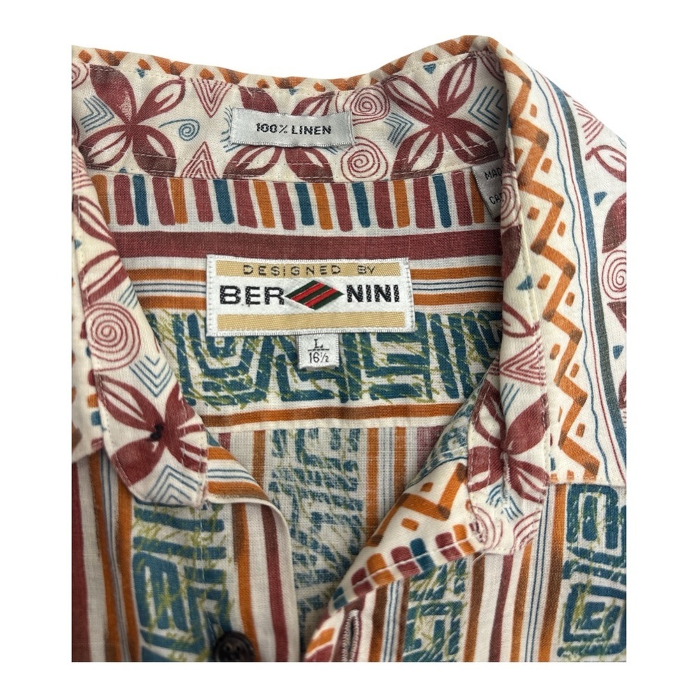 Vintage BERNINI 100% Linen Button Down Shirt | Abstract Stripe | Sz L 16.5 - Picture 3 of 9